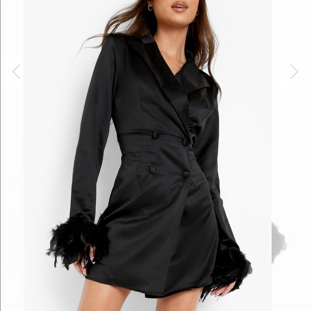 FEATHER CUFF SATIN BLAZER DRESS